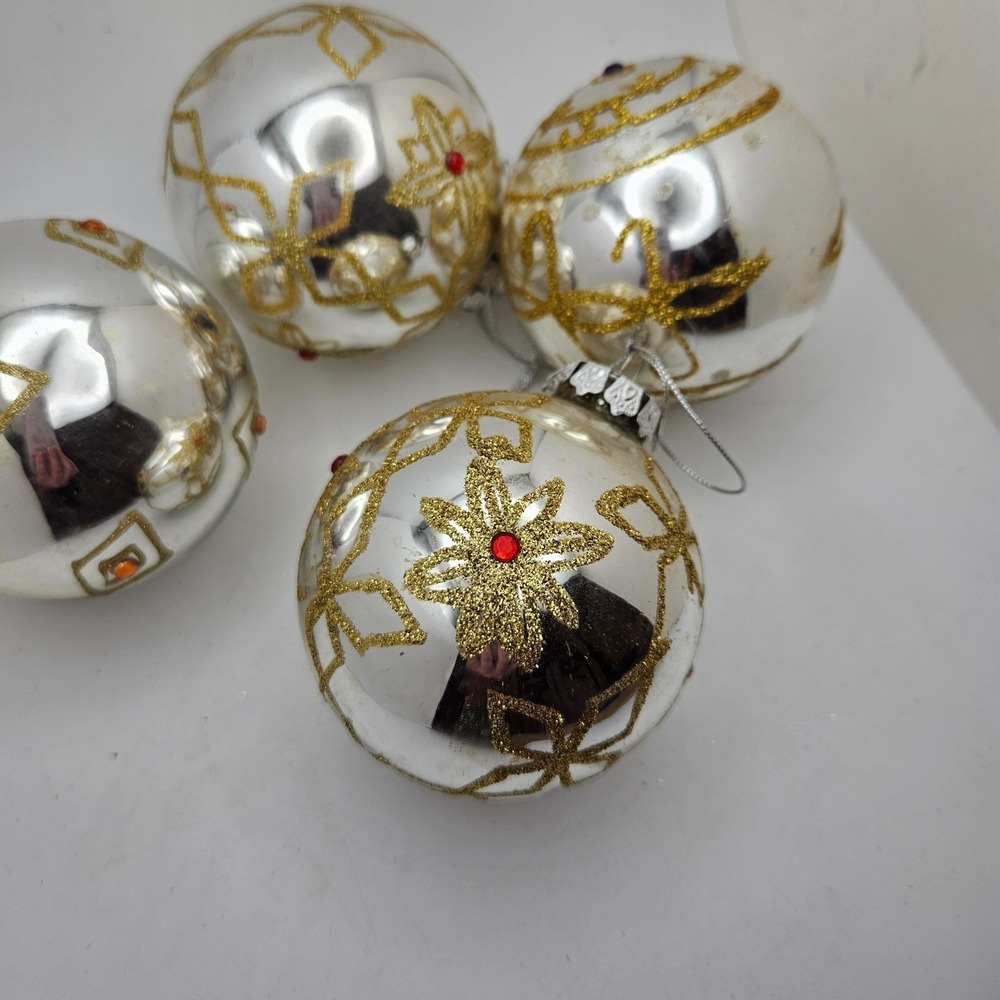 Vintage Glass Christmas Ornaments Lot of 4‎ Gold Glitter Jeweled Balls